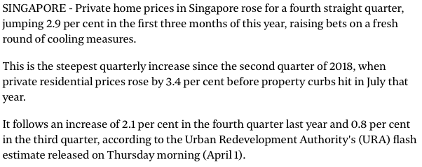 singapore private home prices rose for a fourth straight quarter, jumping 2.9 per cent in Q1 2021
