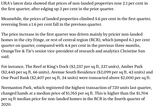 singapore private home prices rose for a fourth straight quarter, jumping 2.9 per cent in Q1 2021