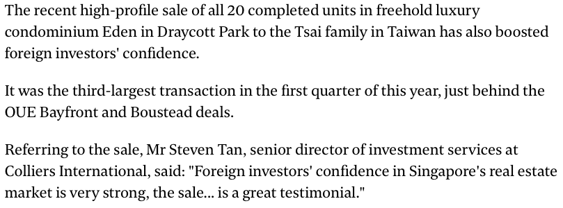 property investment in singapore gain foreign investors confidence.